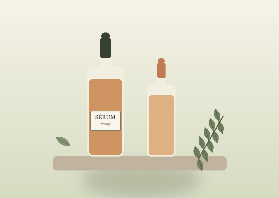 Vie Serum — botanical peptide serum bottles with sage sprig — warm still-life illustration