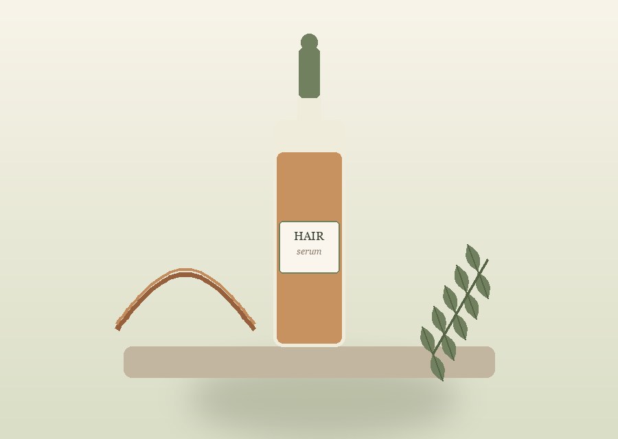 Cell-Avie Hair Serum — amber bottle with silk ribbon and sage sprig — warm still-life illustration